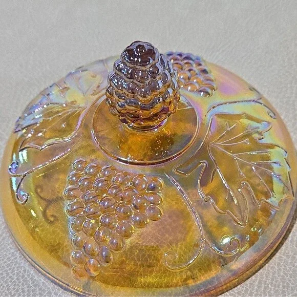 Indiana Glass Amber Marigold Carnival Glass Canister Jar & Lid Harvest Grape - Picture 6 of 10